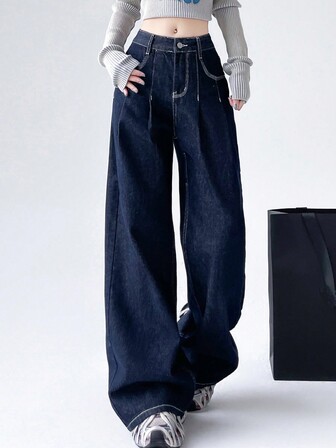 高街美式宽腿宽松牛仔裤，时尚设计适合梨形身材