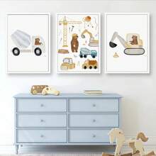 1 件卡通熊叉车挖掘机汽车泥卡车幼儿园墙壁艺术儿童版画海报儿童房婴儿装饰帆布画无框 - 彩色 - 查看 7