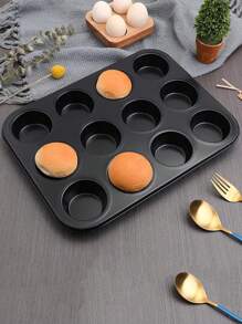 1pc 12-Cup Muffin Pan, Non-Stick Baking Tray, Suitable For Tarts And Puddings, Non-Stick Coated Cake Mold - Black - View 1