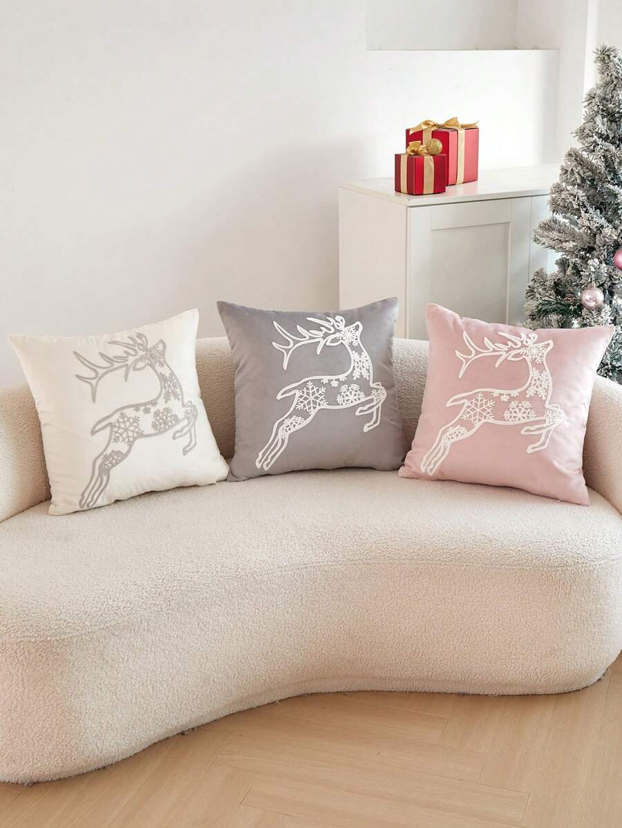 1pc Christmas Beige Deer & Snowflake Embroidery Cushion Cover, For