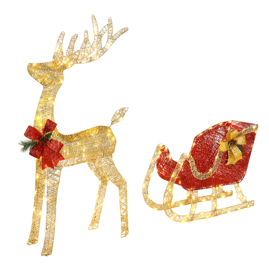 Juego de 2 piezas de decoración navideña para exteriores con trineo de alces iluminado para todo tipo de clima con 210 luces LED, lazo, estacas para el suelo, bridas, decoración navideña con trineo de alces para exteriores para jardín y césped - Multicolor - Ver 1