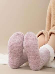 1 双成人防滑仿貂皮地板袜，加厚加绒保暖夏尔巴女士中筒袜，适合居家 - 粉色 - 查看 6