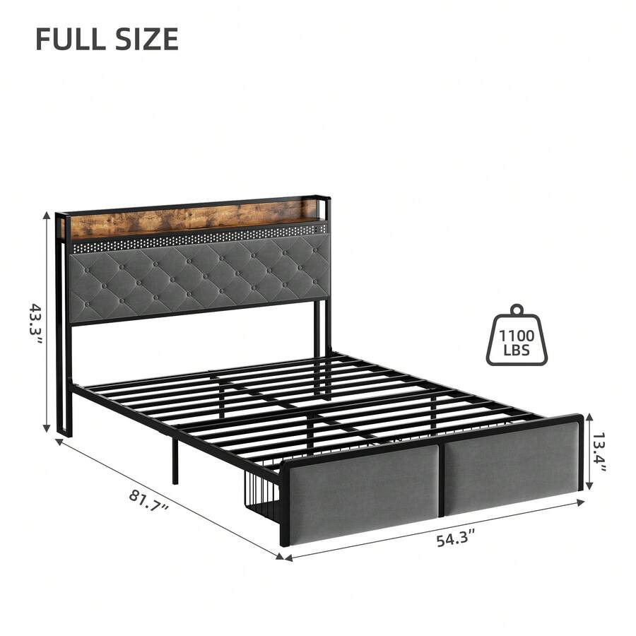 Metal Platform Bed Frame, Headboard And 2 Drawers, With Led Lights, USB