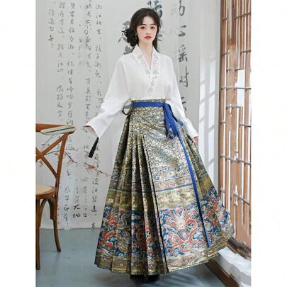 귀족풍 동방 청색 및 금색 드래곤 패턴 자카드 직조한 동방 복식 드레스 치마, 가을용