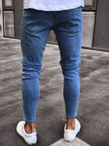 Jeans casuales de mezclilla ajustados y elásticos rasgados para hombre