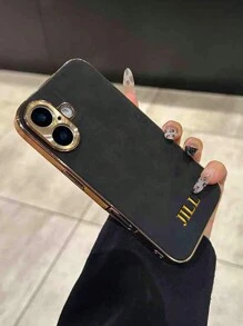 客製化金箔字母縮寫人造皮革手機殼，電鍍邊框個性化刻字防震保護殼，適用 17 16 15 14 13 12 11 Pro Max Plus，極簡奢華中性色手機配件，適合女性男性，母親節父親節畢業紀念日婚禮節日禮物 - 黑與白 - 查看 5