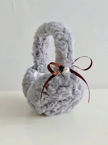 1 chiếc bịt tai nhung đính nơ ngọc trai giả nhiều màu cho nữ, lông cừu giả, chống gió và ấm áp vào mùa đông, bịt tai có thể gấp lại cho ngày lễ tình nhân - Nhiều màu - Xem 11