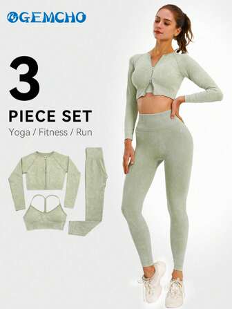 GEMCHO Women' Fashion Yoga Three 3 Piece Set Yoga Long Sleeved Jacket Long Pants Bra Washed Print With Zipper High Waisted Yoga Running Fitness Set Workout Sets Airport Outfit