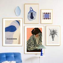 1 件无框墙面艺术海报条纹女孩黑猫花瓶几何蓝色墙面艺术帆布画海报和印刷品墙画适用于客厅装饰复古 - 彩色 - 查看 6