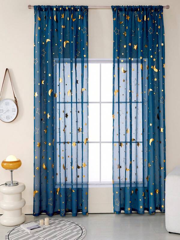 1pc Sheer Window Curtain With Foil Printed Star & Moon Design, Minimalist & Elegant