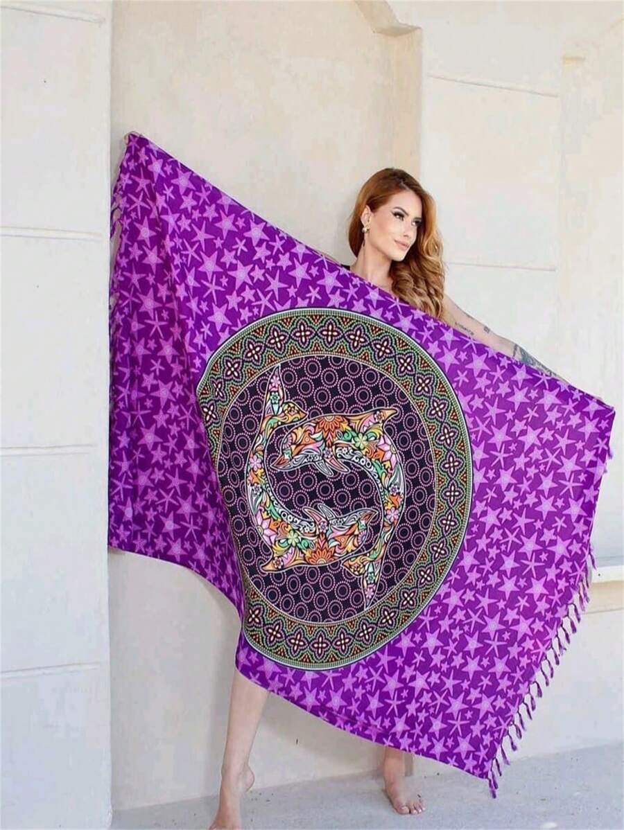 Yong Knit Beach Sarong Women's Beach Skirt Print Option 6 Size 1.1*1.7m - 紫色 - 查看 1