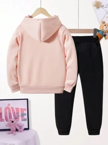 Ensemble De Survêtement Fille Avec Capuche Thermique À Graphique Cœur Et Lettre & Pantalon De Survêtement