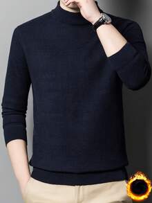 Navy Blue Men's Thick Velvet Striped Knit Sweater For Winter - Navy Blue - View 2