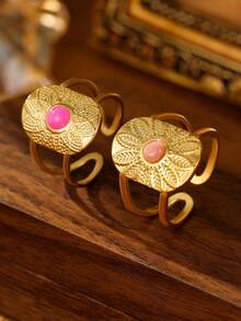 2 件不锈钢金黄色时尚复古镶嵌宝石、滴油开口可调节戒指套装适合日常佩戴或送礼 - 金黃色 - 查看 14