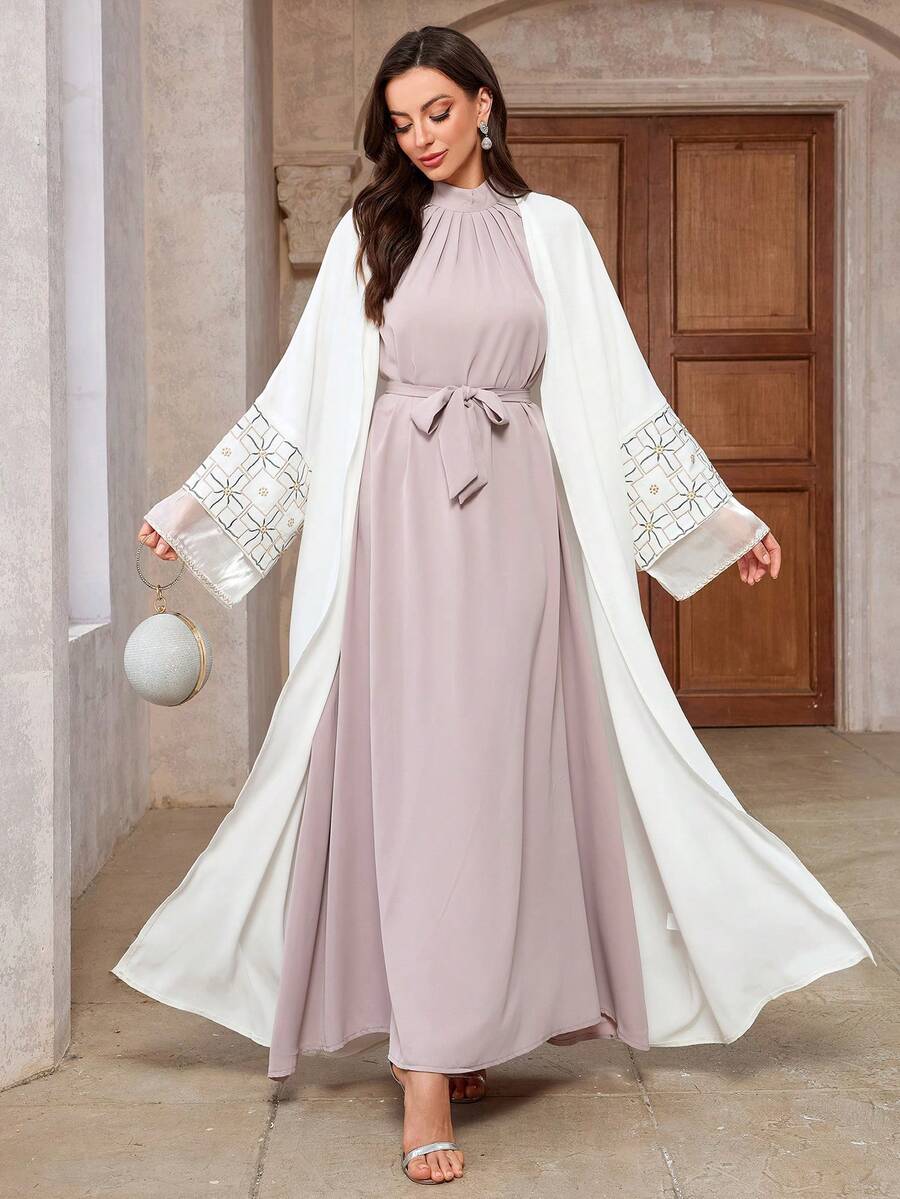 1 chiếc áo len cardigan dệt kim màu trơn thanh lịch thường ngày bằng vải rayon có đính đá pha lê, thủ công tinh xảo, áo choàng dài/abaya duyên dáng và thời trang - trắng - Xem 1