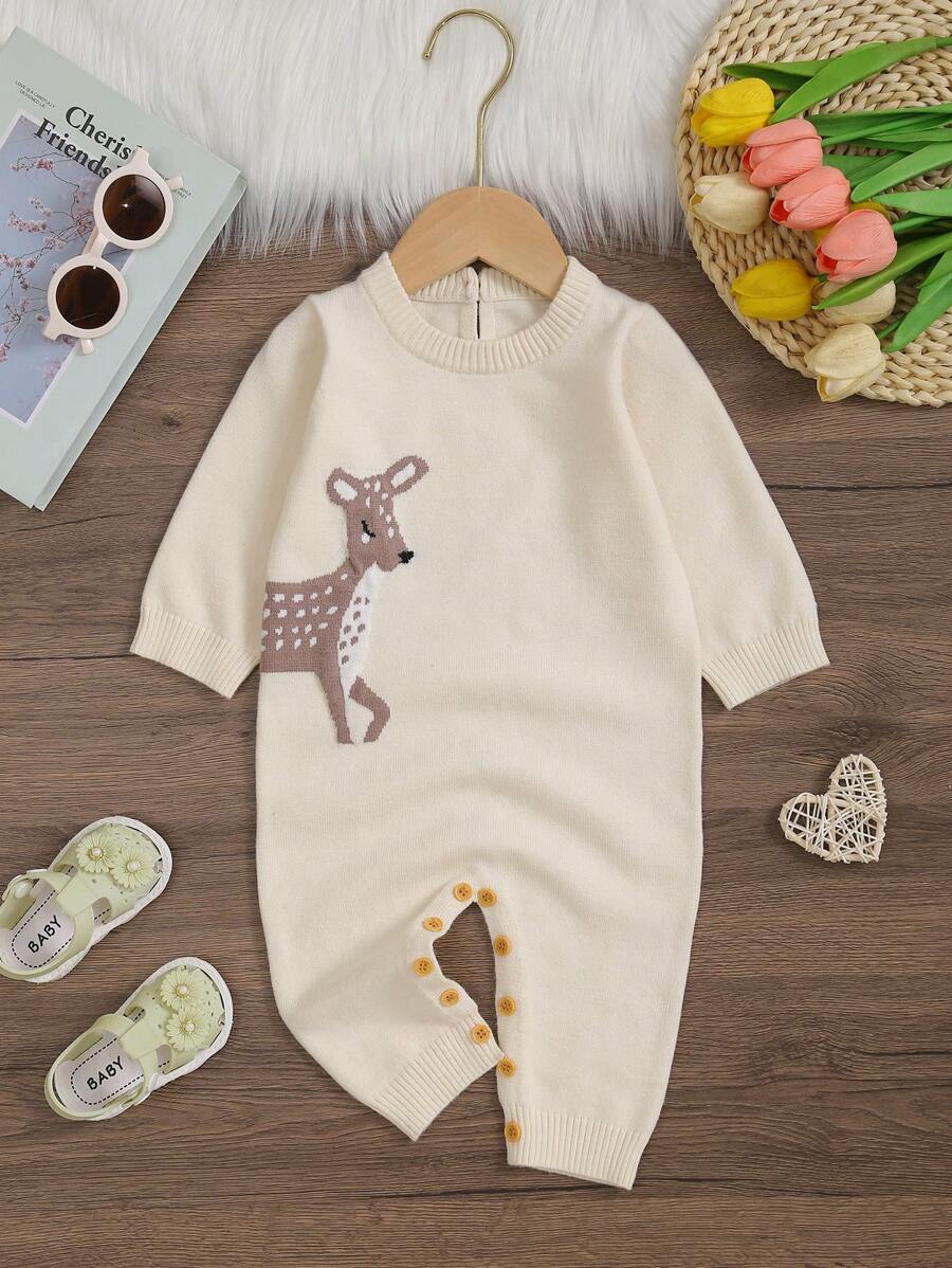 女婴针织长袖鹿图案连体衣