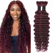 Burgundy Human Braiding Hair 2 Bundle 100g 14-28 Inch Deep Wave Bulk Human Hair For Braiding 99j Brazilian Virgin Human Hair Extensions For Boho Braids Wet And Wavy Human Hair For Micro Braiding No Wef