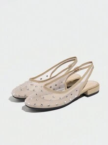 Giày bệt lưới đính đá màu mơ cho nữ, chất liệu lưới lưới màu mơ, nhẹ, thoáng khí và thân thiện với bàn chân, đính đá màu trắng, lấp lánh, thoáng khí, chống trượt, cực kỳ thoải mái, phong cách tối giản, thích hợp cho các buổi đi chơi mùa xuân/hè, tụ họp, mua sắm, lễ hội, hoạt động hàng ngày, thanh lịch, tiệc tùng, lễ kỷ niệm, phong cách, giày ba lê, giày lưới - Màu be - Xem 5