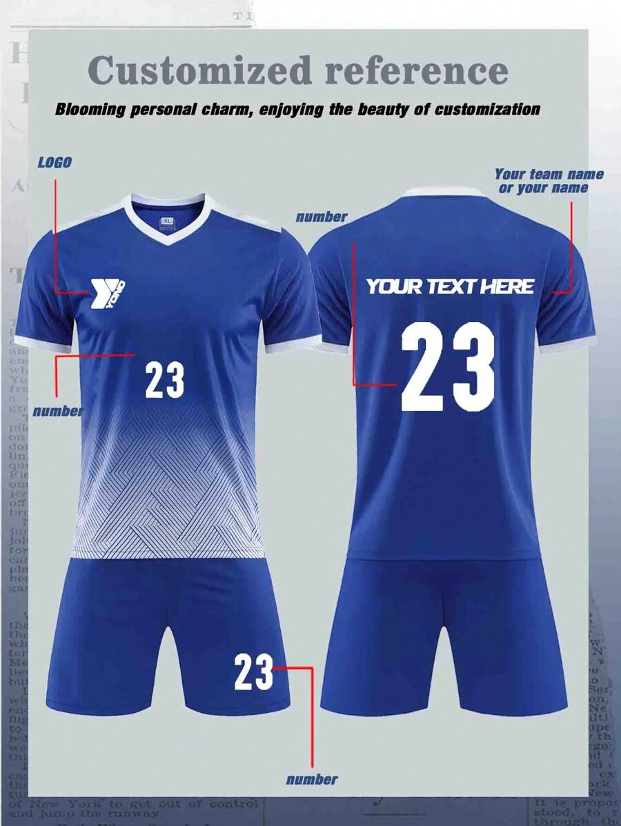 Customized Children's And Teenagers' Football Set (8-12 Years Old) - Personalized Jersey And Shorts Set With Customizable Logos, Numbers, And Text Content. Customized Football And Running Jerseys | Freely Printed Name And Number Team Badges | Multiple Colors To Choose From, Sports Training, Running, Football, Outdoor Casual Wear - Blue - View 1
