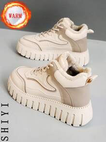 Women's White Casual Shoes, Sports Shoes, 2024 Winter New Item With Added Fleece Insulation, Outdoor Thick Sole Height Increase, Fashionable And Versatile Vacation Style, Student Outdoor Hiking And Skateboarding Shoes, Flat Chunky Sneakers, Snow Boots, Women's Shoes
