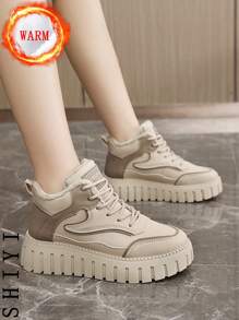 Women's White Casual Shoes, Sports Shoes, 2024 Winter New Item With Added Fleece Insulation, Outdoor Thick Sole Height Increase, Fashionable And Versatile Vacation Style, Student Outdoor Hiking And Skateboarding Shoes, Flat Chunky Sneakers, Snow Boots, Women's Shoes