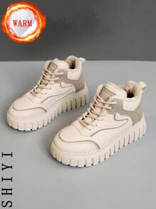 Women's White Casual Shoes, Sports Shoes, 2024 Winter New Item With Added Fleece Insulation, Outdoor Thick Sole Height Increase, Fashionable And Versatile Vacation Style, Student Outdoor Hiking And Skateboarding Shoes, Flat Chunky Sneakers, Snow Boots, Women's Shoes