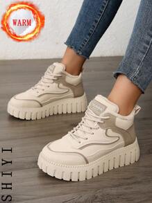 Women's White Casual Shoes, Sports Shoes, 2024 Winter New Item With Added Fleece Insulation, Outdoor Thick Sole Height Increase, Fashionable And Versatile Vacation Style, Student Outdoor Hiking And Skateboarding Shoes, Flat Chunky Sneakers, Snow Boots, Women's Shoes