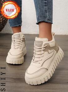 Women's White Casual Shoes, Sports Shoes, 2024 Winter New Item With Added Fleece Insulation, Outdoor Thick Sole Height Increase, Fashionable And Versatile Vacation Style, Student Outdoor Hiking And Skateboarding Shoes, Flat Chunky Sneakers, Snow Boots, Women's Shoes