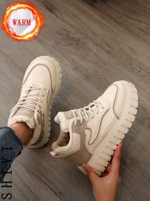 Women's White Casual Shoes, Sports Shoes, 2024 Winter New Item With Added Fleece Insulation, Outdoor Thick Sole Height Increase, Fashionable And Versatile Vacation Style, Student Outdoor Hiking And Skateboarding Shoes, Flat Chunky Sneakers, Snow Boots, Women's Shoes