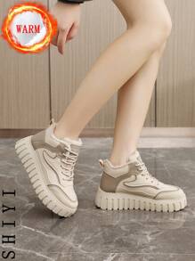 Women's White Casual Shoes, Sports Shoes, 2024 Winter New Item With Added Fleece Insulation, Outdoor Thick Sole Height Increase, Fashionable And Versatile Vacation Style, Student Outdoor Hiking And Skateboarding Shoes, Flat Chunky Sneakers, Snow Boots, Women's Shoes