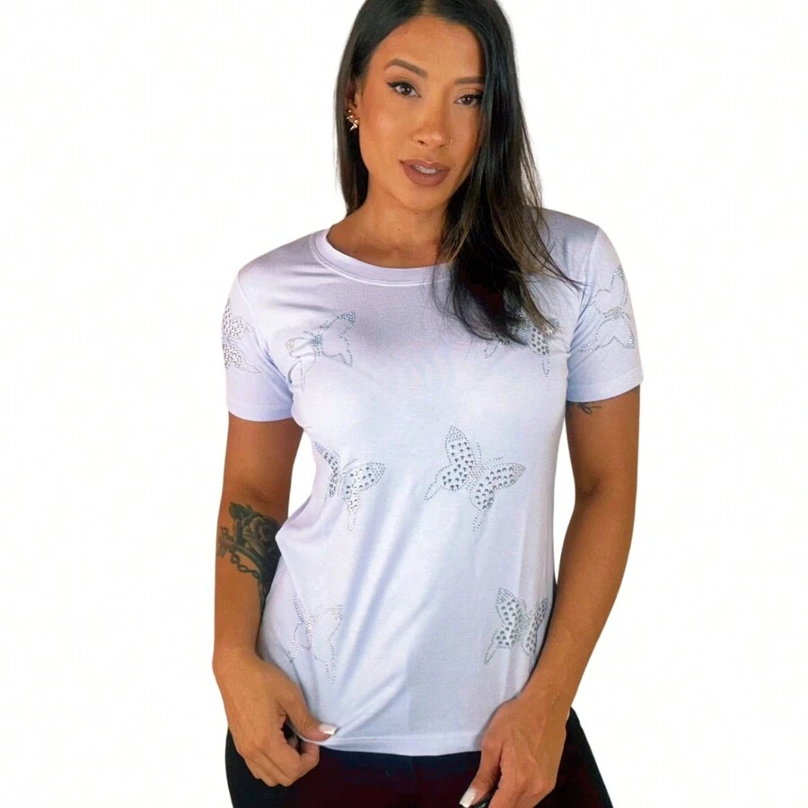 Women's T-Shirt Blouse With Rhinestones Shine Butterfly Effect Fashion Blogger - trắng - Xem 1