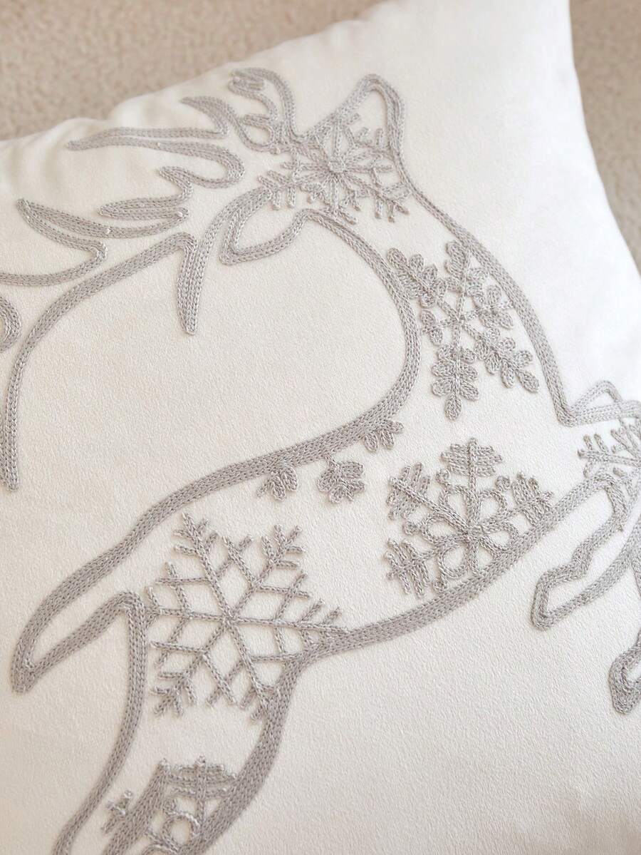 1pc Christmas Beige Deer & Snowflake Embroidery Cushion Cover, For