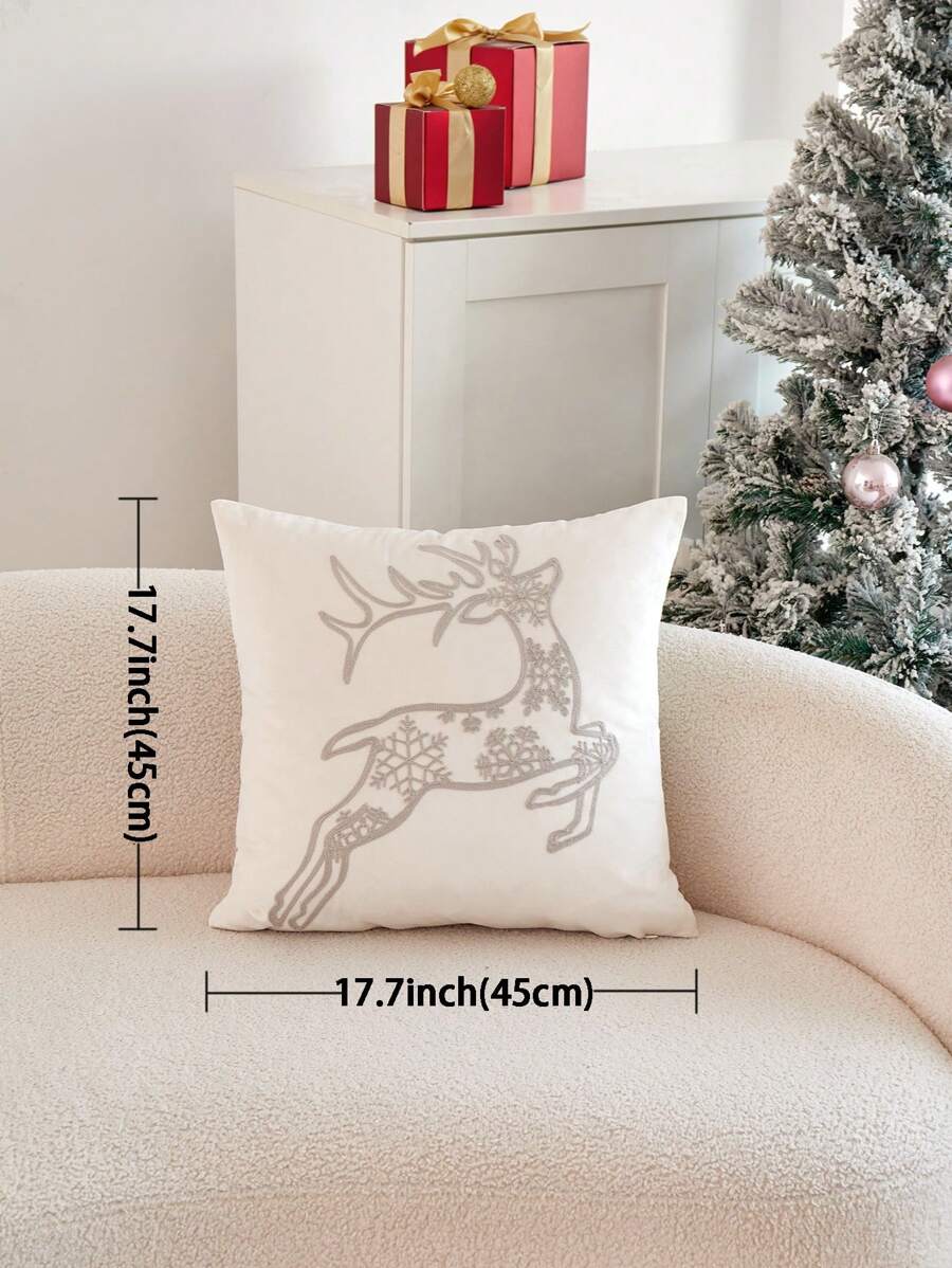 1pc Christmas Beige Deer & Snowflake Embroidery Cushion Cover, For