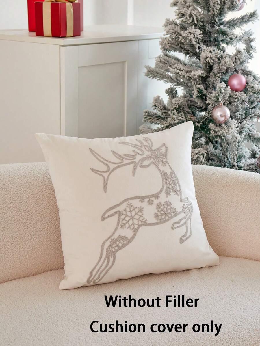 1pc Christmas Beige Deer & Snowflake Embroidery Cushion Cover, For