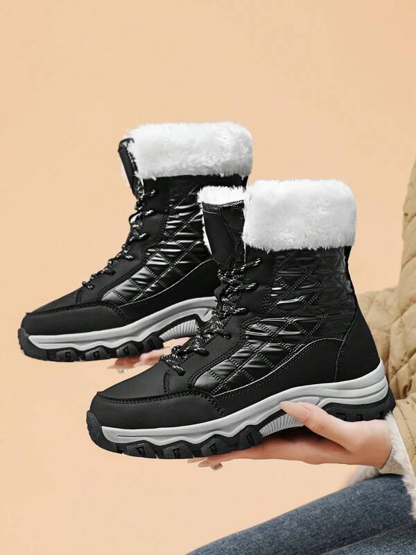 Stivali da neve soffici da donna per esterni, scarpe da trekking invernali con suola spessa e collo alto, calde