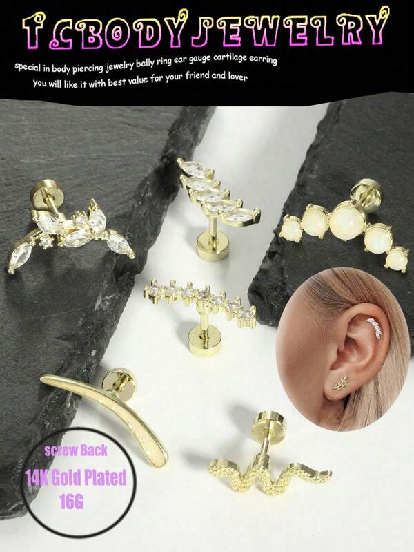 1-6 peças/conjunto brincos de cartilagem joias de piercing de hélice para mulheres banhado a ouro 14K hipoalergênico aço inoxidável parte traseira plana opala cz delicado tragus concha conjunto de joias de piercing