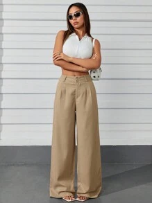 Women's Casual High Waist Wide Leg Pants With Pockets - màu nâu - Xem 5