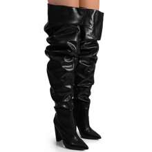 Over The Knee Wide Calf Slouchy Chunky Heel Boots - Black - View 2