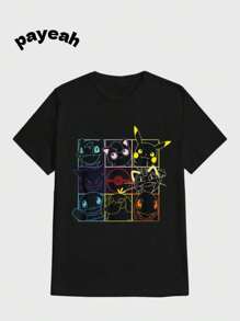 Payeah Cartoon Anime Graphic Print Mesh T-Shirt Casual Digital Print Pure Heavy 100% Cotton T Shirt - 黑色 - 查看 1