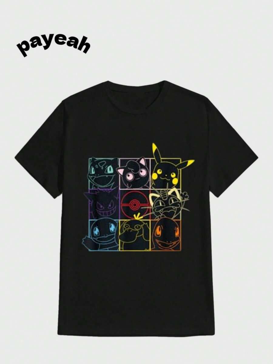 Payeah Cartoon Anime Graphic Print Mesh T-Shirt Casual Digital Print Pure Heavy 100% Cotton T Shirt - 黑色 - 查看 1