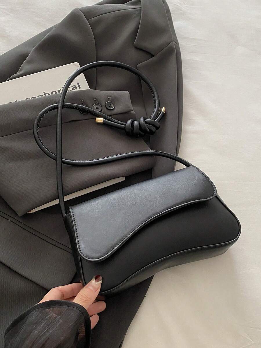 新款时尚女士腋下包，针织包，个性化金属扣装饰设计，单肩包，纯色PU高端斜挎包，女士钱包，适合购物、通勤和旅行 - 黑色 - 查看 1