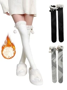 1 双可爱白色毛球羊毛及膝袜，纯色保暖女式打底袜