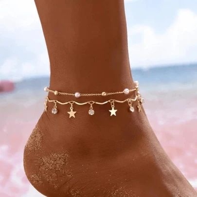 1 pieza Tobillera de acero inoxidable chapada en oro de 18K con diseño de estrella de cinco puntas de doble capa y adornada con perla, diseño minimalista para mujer, adecuado para fiestas, citas y trabajo