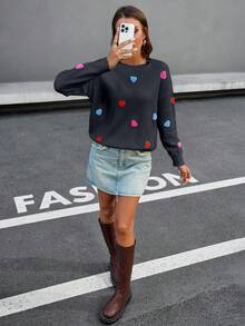 女士休闲可爱3D心形装饰落肩长袖毛衣，秋冬 - 杏色 - 查看 6