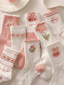 8 双女士粉色系列可爱卡通兔子和花卉提花条纹蕾丝边中筒袜，适合日常穿着