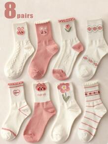 8 双女士粉色系列可爱卡通兔子和花卉提花条纹蕾丝边中筒袜，适合日常穿着