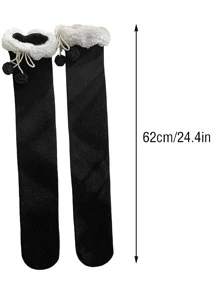 1 双可爱白色毛球羊毛及膝袜，纯色保暖女式打底袜