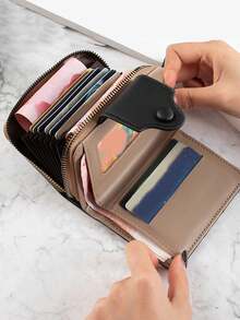 1 件 PU 迷你多卡槽按扣拉链钱包，女士零钱包适合户外/生日礼物 - 灰色 - 查看 7