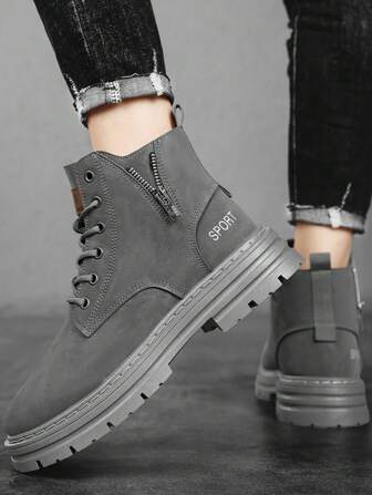 Autumn/Winter Outdoor Solid Color High-Top Casual Boots For Men, Wear-Resistant Increased Height Work Boots, Fashionable Lace-Up Thick Sole Round Toe Men Short Boots Retro