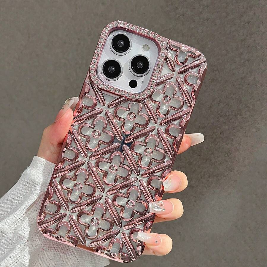 Creative 2.0CM Thick Electroplated Luxury 3D Floral Rhinestone Embellished Phone Case Compatible With Iphone 11, 12, 12 Pro, 12 Pro Max, 13, 14, 13 Pro Max, 14 Pro Max, 15 Pro, 15 Pro Max, 16, 16 Pro, 16 Plus, 16 Pro Max